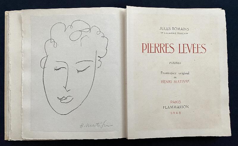 Image for Pierres Levees. With a signed lithograph by Matisse. Inscribed by Jules Romains, with a dedication in blue pen to Marcel Bussac dated Dicembre 1953.